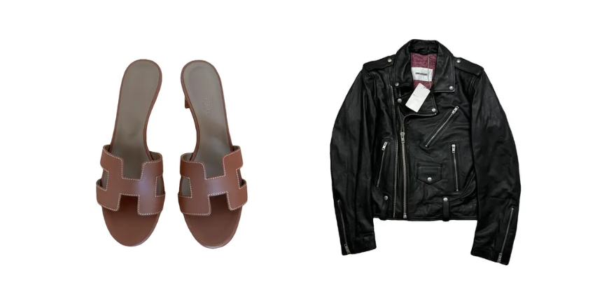 secondhand sandals Hermès and leather jacket Zadig & Voltaire